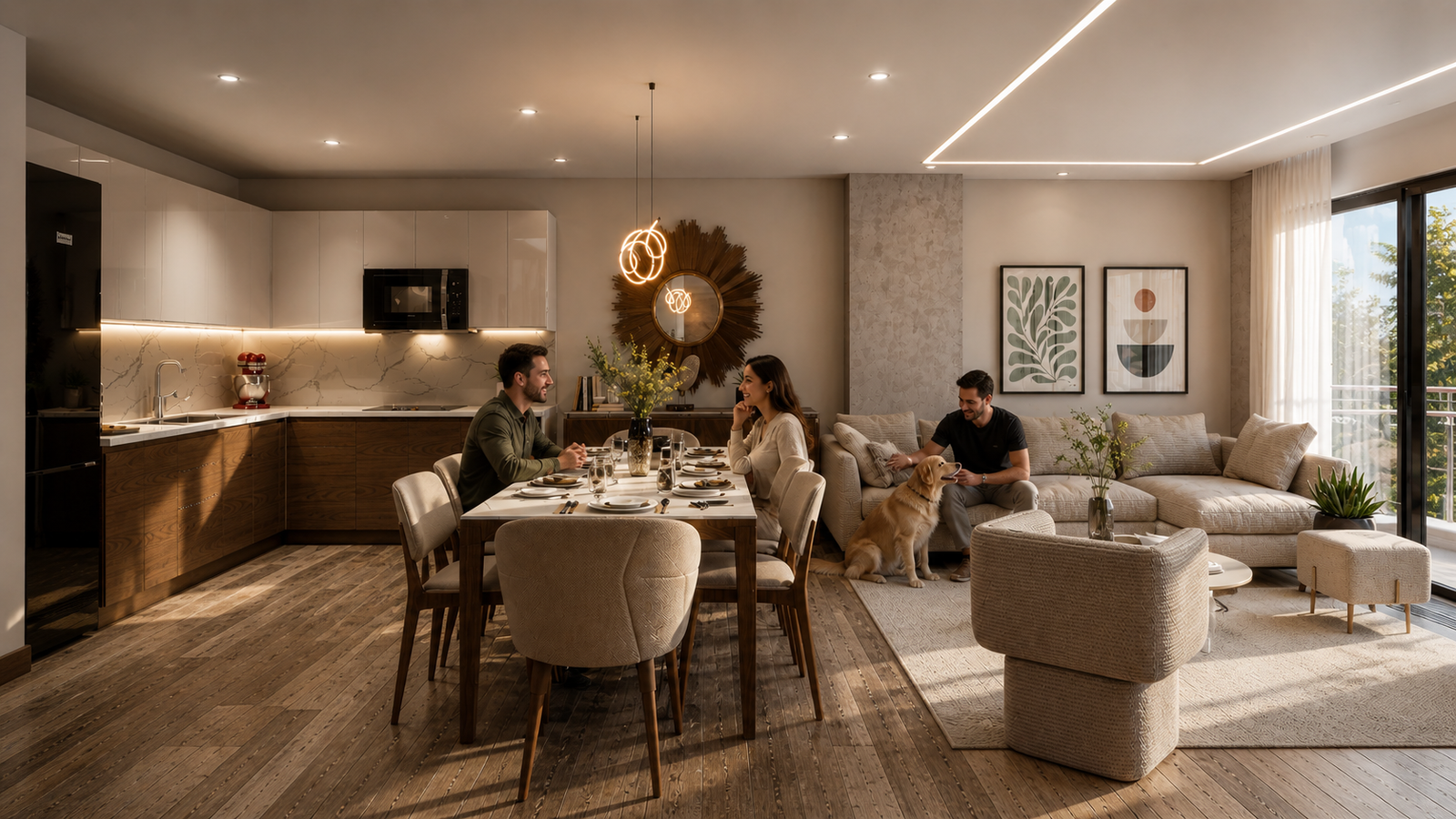 Recorrido virtual 360° de sala de estar — visualización arquitectónica inmersiva Maketa