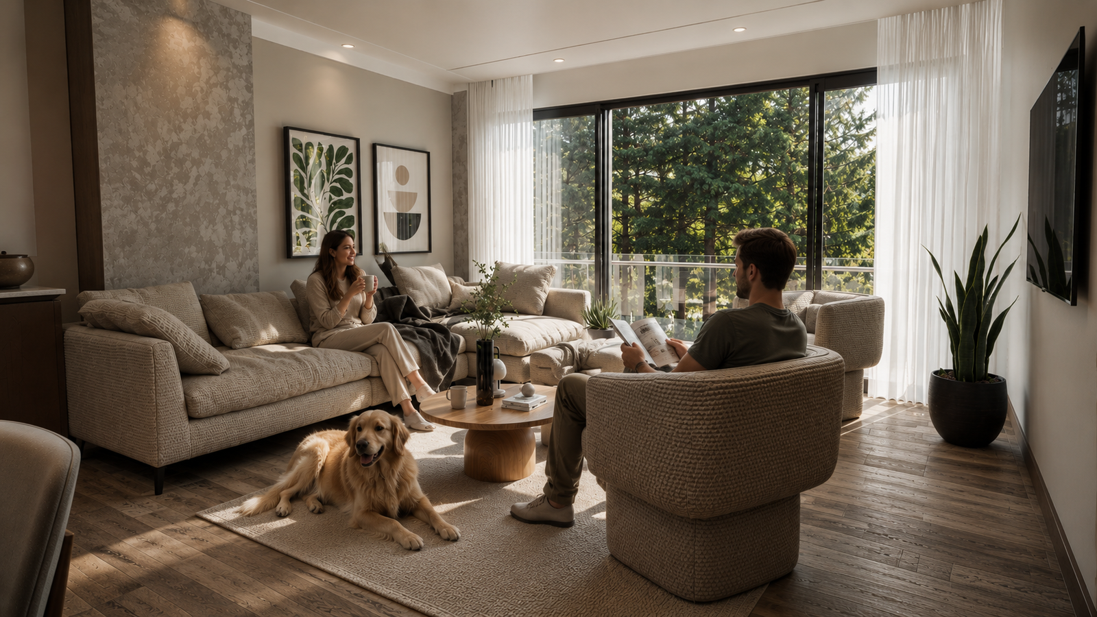Sala de estar — visualización 3D fotorrealista del proyecto